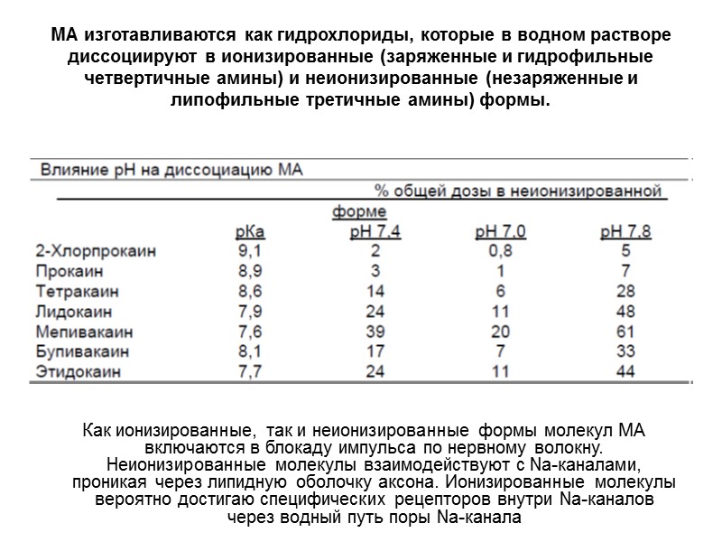 МА изготавливаются как гидрохлориды, которые в водном растворе диссоциируют в ионизированные (заряженные и гидрофильные МА изготавливаются как гидрохлориды, которые в водном растворе диссоциируют в ионизированные (заряженные и гидрофильные